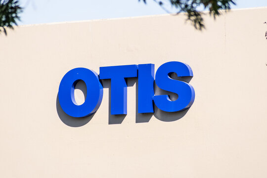 Sep 26, 2020 Santa Clara / CA / USA - Otis logo at their Silicon Valley HQ; Otis Worldwide Corporation is an American company that develops elevators, escalators, moving walkways and related equipment