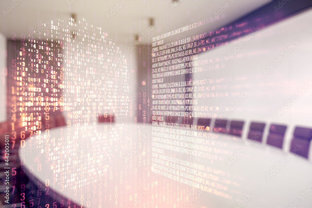 Poster abstract virtual code skull hologram on a modern coworking room background, cybercrime and hacking c
