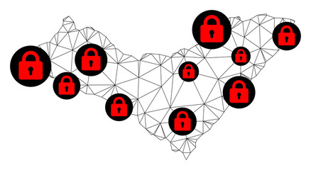 Polygonal mesh lockdown map of Alagoas State. Abstract mesh lines and locks form map of Alagoas State. Vector wire frame 2D polygonal line network in black color with red locks.