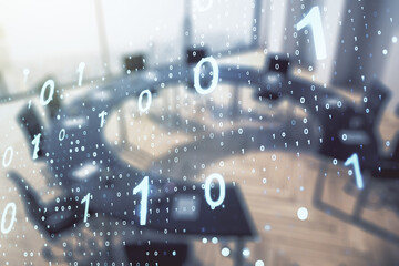Double exposure of abstract virtual binary code hologram on a modern meeting room background. Database and programming concept