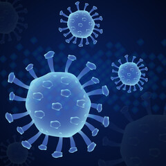 Three-dimensional drawing of Coronavirus, Moving virus in multi color background. Covid-19