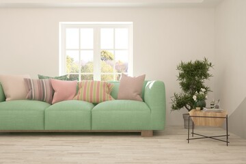 Naklejka premium Soft color living room with sofa. Scandinavian interior design. 3D illustration