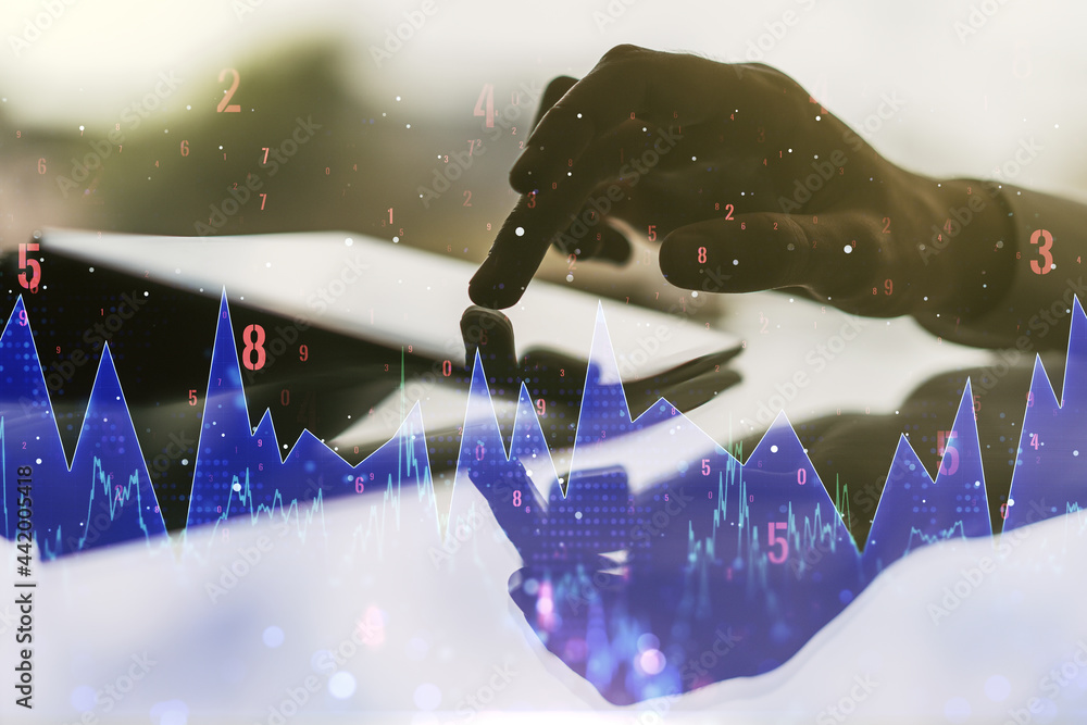 Poster double exposure of abstract creative statistics data hologram with finger clicks on a digital tablet