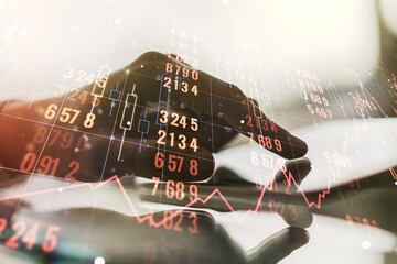 Multi exposure of abstract statistics data hologram interface and hand working with a digital tablet on background, computing and analytics concept