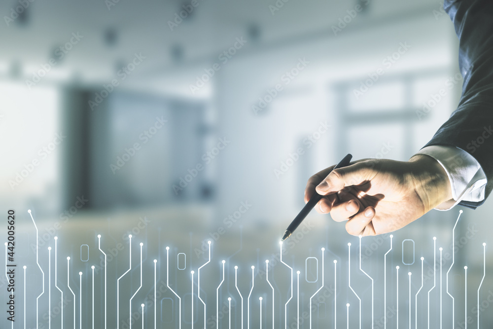 Aufkleber man hand with pen draws abstract virtual micro chip hologram on blurred office background, artificia