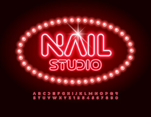 Vector glamour logo Nail Studio. Red Neon Font. Illuminated abstract Alphabet Letters and Numbers set