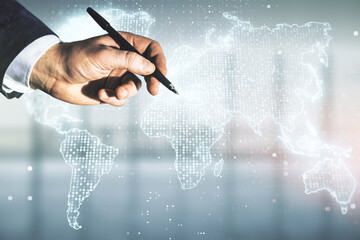 Double exposure of man hand with pen working with abstract digital world map on blurred office background, research and strategy concept