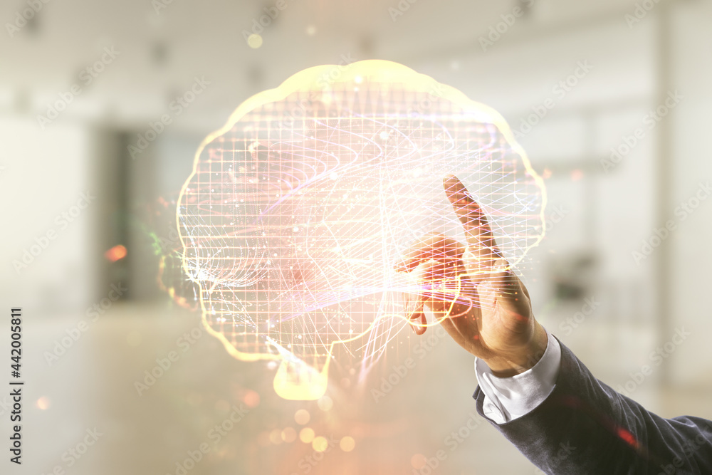 Aufkleber man hand working with virtual creative artificial intelligence hologram with human brain sketch on b