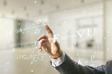 Double exposure of male hand presses on scientific formula hologram on blurred office background, research and development concept