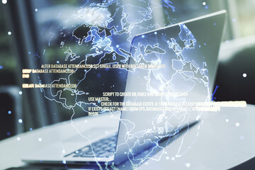 Multi exposure of abstract programming language hologram with world map on computer background, artificial intelligence and neural networks concept