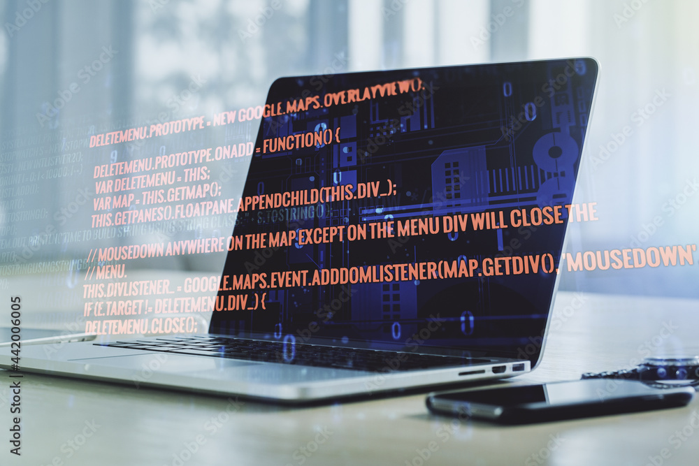 Poster double exposure of abstract creative programming illustration on computer background, big data and b