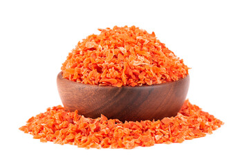 Dry carrot in wooden bowl, isolated on the white background. Chopped dried carrot. Spices and herbs.