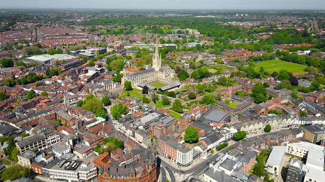 Aerial view of Norwich Cathedral located in Norwich, Norfolk