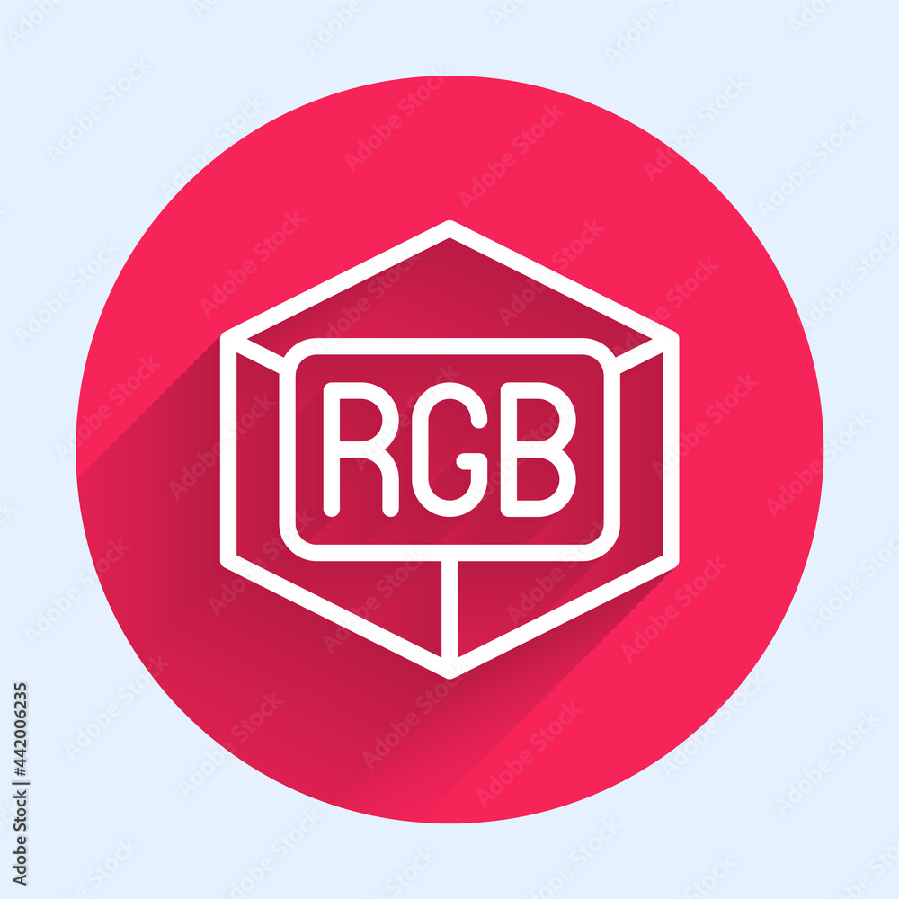 Poster white line rgb and cmyk color mixing icon isolated with long shadow. red circle button. vector