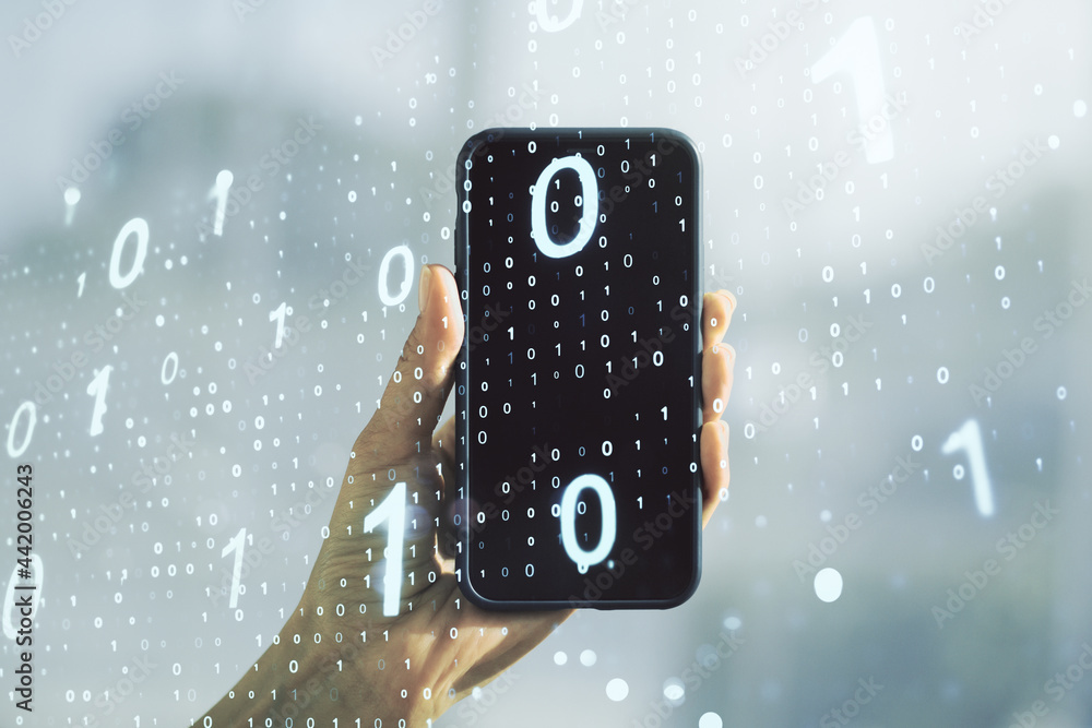 Aufkleber Double exposure of creative abstract binary code hologram and hand with cell phone on background. Database and programming concept