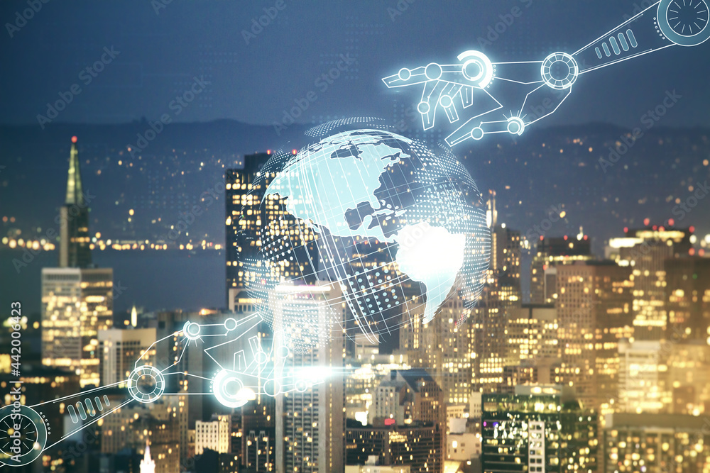 Aufkleber abstract virtual robotics technology hologram with globe on san francisco cityscape background, arti