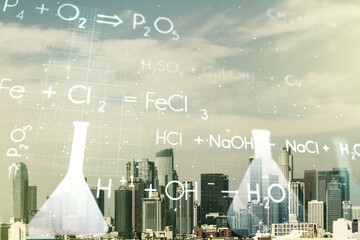 Creative chemistry hologram on Los Angeles office buildings background, pharmaceutical research concept. Multiexposure