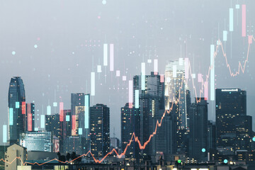 Abstract virtual financial graph hologram on Los Angeles cityscape background, financial and trading concept. Multiexposure