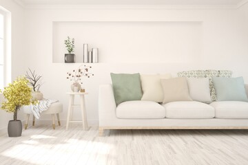 White living room with sofa. Scandinavian interior design. 3D illustration