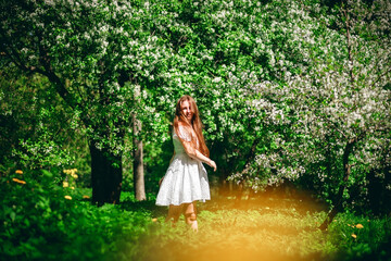 Beautiful girl in the park, in a white dress. Flowering trees.