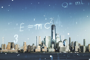 Abstract scientific formula hologram on New York city skyline background. Multiexposure