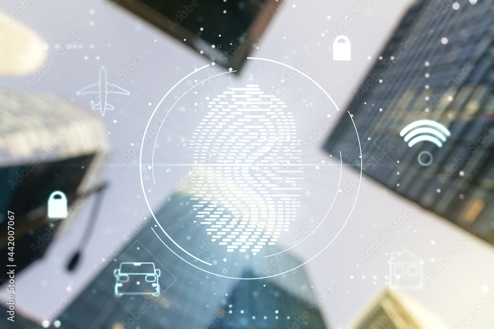 Poster multi exposure of virtual fingerprint scan interface on blurry cityscape background, digital access 
