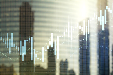Double exposure of abstract financial graph on office buildings background, financial and trading concept