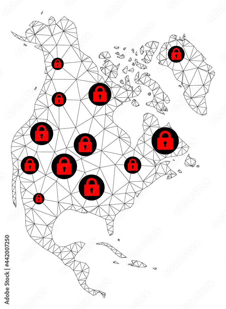 Poster polygonal mesh lockdown map of north america. abstract mesh lines and locks form map of north americ