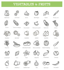 Fresh fruit and vegetables. Vector Icons set