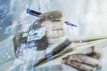Multi exposure of abstract graphic coding sketch with man hand writing in diary on background, big data and networking concept