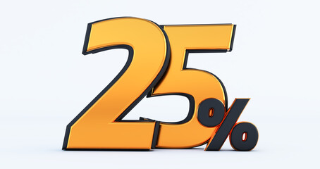 twenty five 25% off on sale. Gold percent isolated on white background. 3d render of a Gold .twenty five percent
