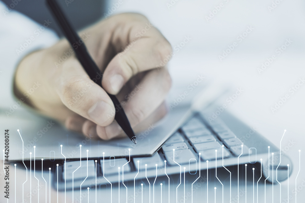 Poster creative abstract micro circuit sketch and hand writing in notepad on background with laptop, future