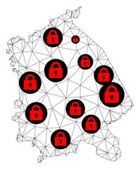 Polygonal mesh lockdown map of Pavlodar Region. Abstract mesh lines and locks form map of Pavlodar Region. Vector wire frame 2D polygonal line network in black color with red locks.