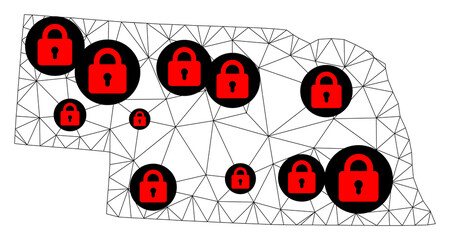 Polygonal mesh lockdown map of Nebraska State. Abstract mesh lines and locks form map of Nebraska State. Vector wire frame 2D polygonal line network in black color with red locks.