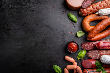 Set of different types of sausages, salami and smoked meat with basil and spices on a black stone background. Top view.