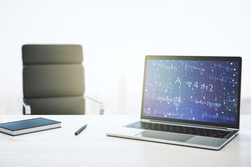 Creative scientific formula illustration on modern computer monitor, science and research concept. 3D Rendering