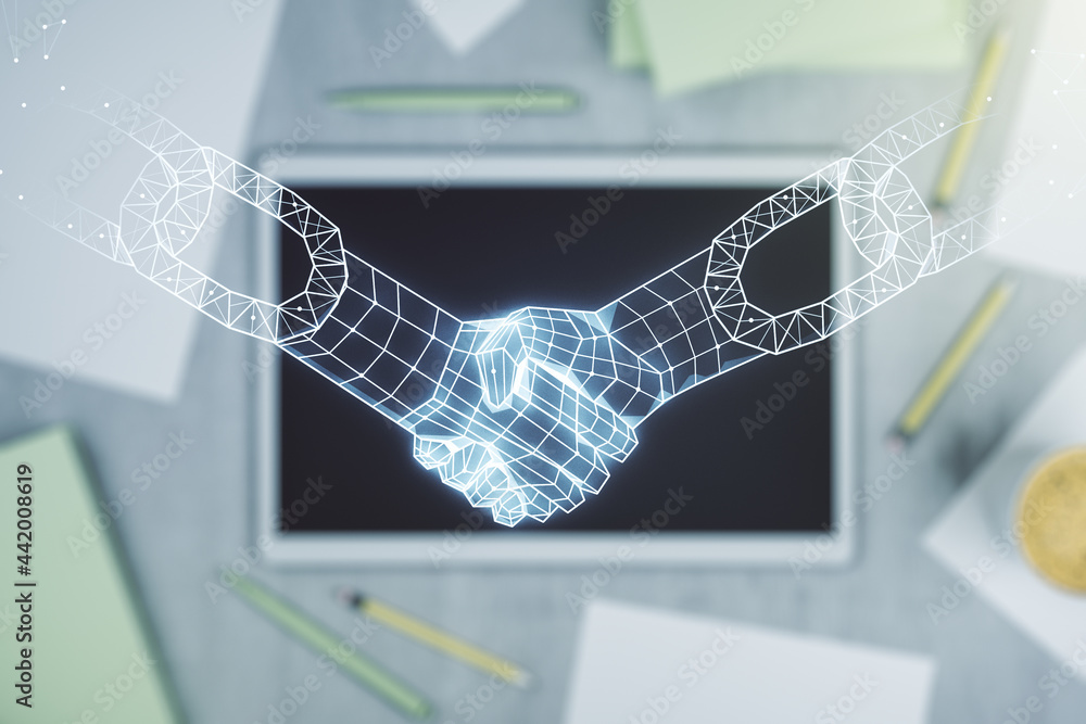 Poster creative concept of blockchain technology with handshake and modern digital tablet on background, to