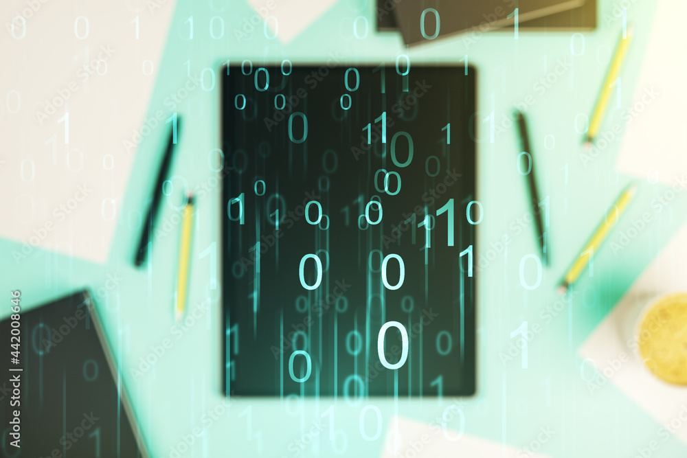 Poster creative abstract binary code hologram and modern digital tablet on desktop on background, top view,