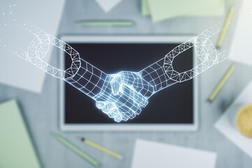 Creative concept of blockchain technology with handshake and modern digital tablet on background, top view. digital money transfers and decentralization concept. Multiexposure