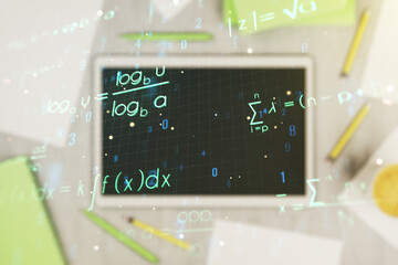 Creative scientific formula hologram and modern digital tablet on background, research concept....