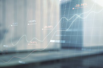 Multi exposure of abstract statistics data hologram interface on contemporary business center exterior background, computing and analytics concept