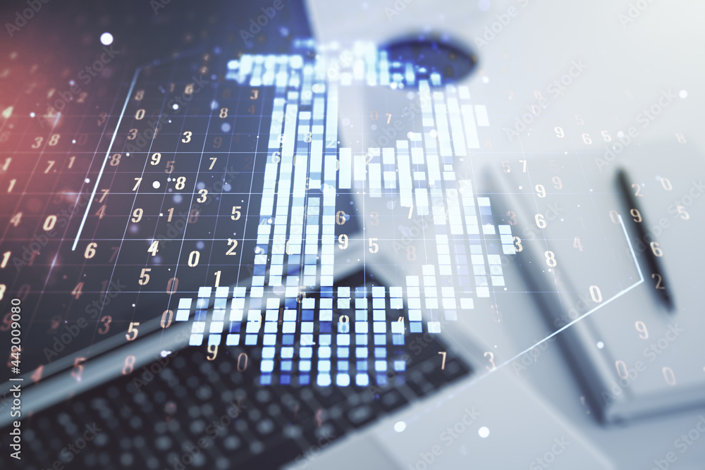 Aufkleber double exposure of creative bitcoin symbol hologram with computer on background. mining and blockcha