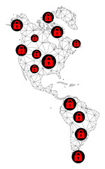 Polygonal mesh lockdown map of South and North America. Abstract mesh lines and locks form map of South and North America. Vector wire frame 2D polygonal line network in black color with red locks.