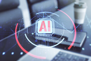 Double exposure of creative artificial Intelligence abbreviation with computer on background. Future technology and AI concept