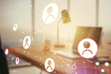 Social network media concept with modern computer on background. Double exposure