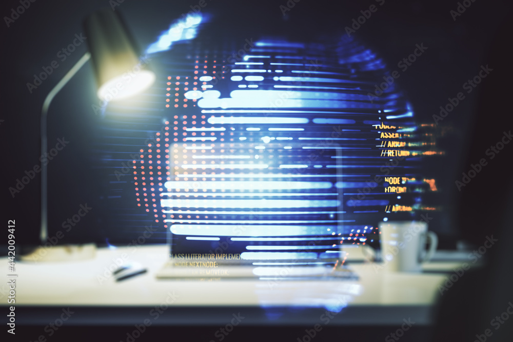 Poster multi exposure of abstract software development hologram with world map on laptop background, global