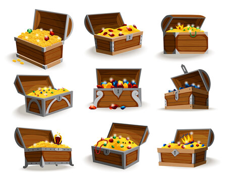 Treasure chests isometric cartoon set. Collection of wooden open boxes full of gold coins and jewels and royal crown. Precious treasures set, crystals, gems and golden coins in pirate chests