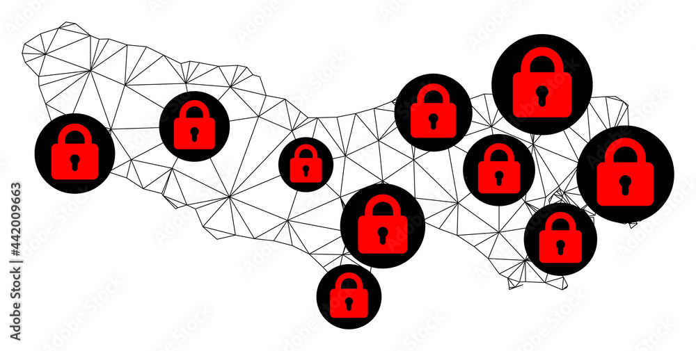 Poster polygonal mesh lockdown map of tokyo prefecture. abstract mesh lines and locks form map of tokyo pre