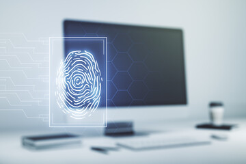 Multi exposure of abstract creative fingerprint illustration on modern laptop background, digital access concept