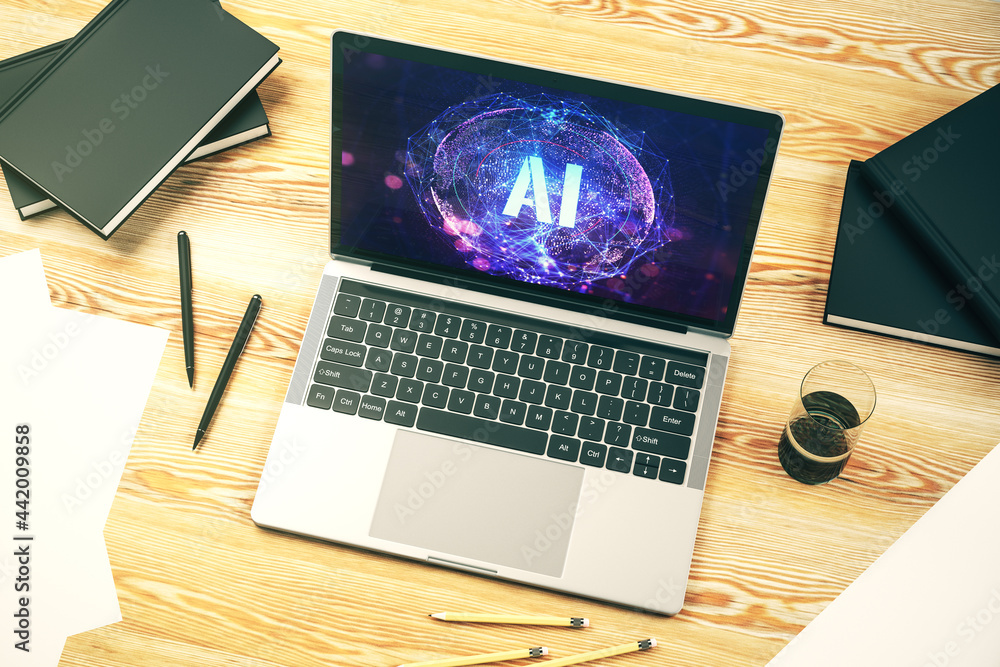 Poster creative artificial intelligence symbol concept on modern computer monitor. 3d rendering